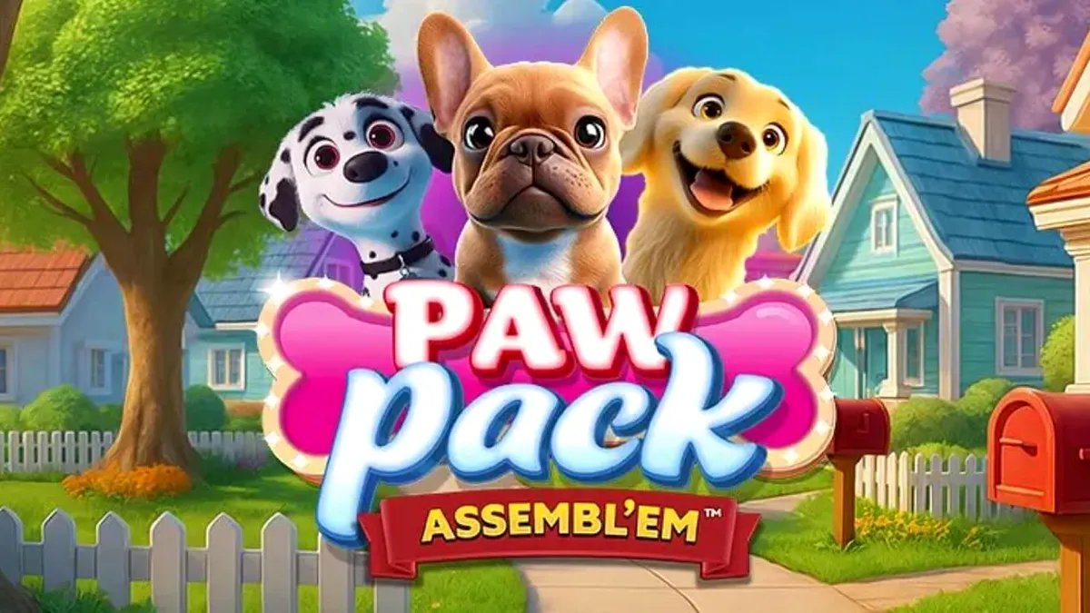 Tampilan visual slot Paw Pack Assembl’Em dengan karakter anjing kartun